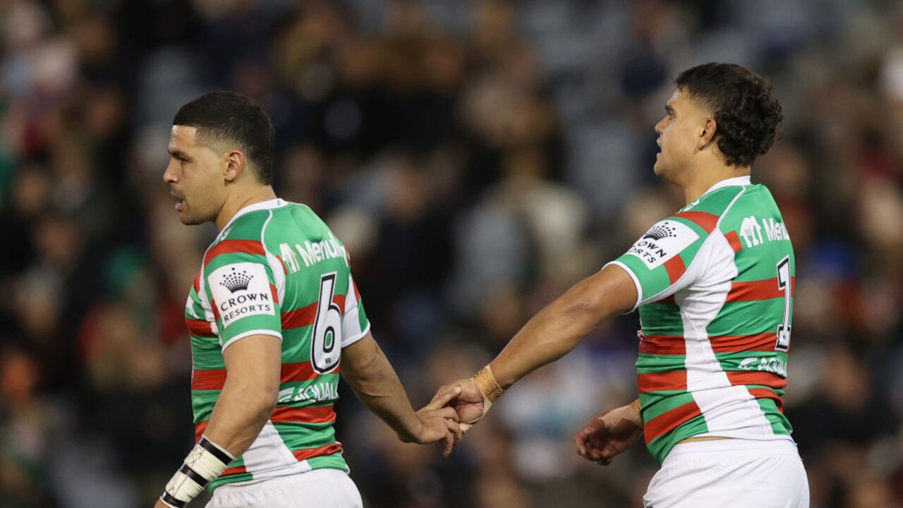NEWCASTLE, AUSTRALIA - JULY 08: Cody Walker of the Rabbitohs celebrates his try with Latrell Mitchell during the round 17 NRL match between the Newcastle Knights and the South Sydney Rabbitohs at McDonald Jones Stadium, on July 08, 2022, in Newcastle, Australia. (Photo by Ashley Feder/Getty Images)