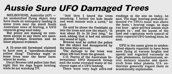 An Associated Press article from February 8, 1980, about the Stirling UFO sighting.