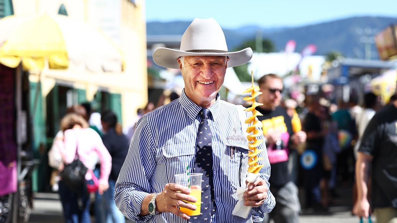 Kennedy MP Bob Katter enjoys the culinary delights of the Cairns Show on the final day of the Cairns Show. Picture: Brendan Radke