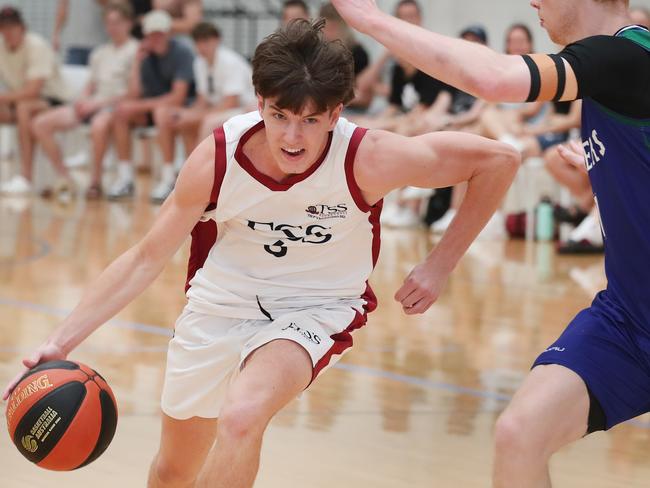 Basketball Australia Schools Championships at Carrara. Mens open final, Lake Ginninderra College Lakers V TSS (in white). the Lakers defence gave Benjamin Tweedy from TSS special attention in the final. Picture Glenn Hampson