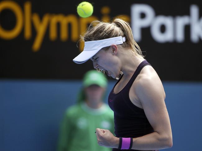 Eugenie Bouchard of Canada yells out while playing China's Shuai Zhang during their women's single's match at the Sydney International tennis tournament in Sydney, Australia, Sunday, Jan. 8, 2017. (AP Photo/Rick Rycroft)