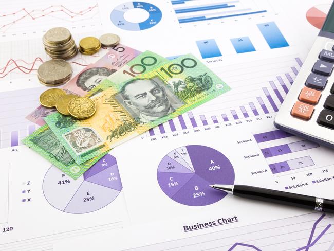 australia dollar currency on financial charts, expense cash flow summarizing and graphs background, concepts for saving money, budget management, stock exchange, investment and business income report; share dividends generic