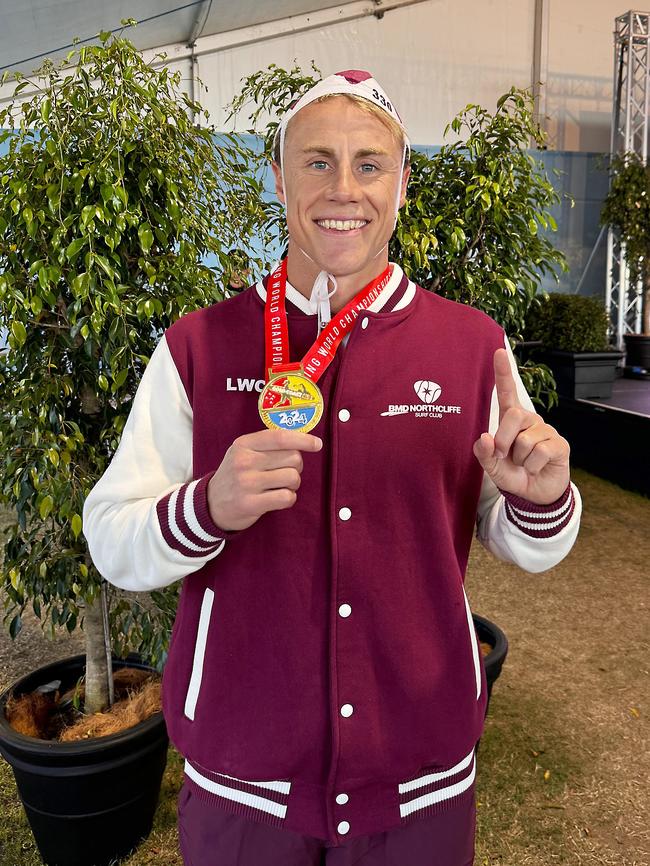 Tasmanian ironman Matt Bevilacqua wins back to back world board title on the Gold Coast at the World Surf Life Saving Championships 2024. Along with a world title in the board rescue with Joe Collins. Picture: Northcliffe Surf Club