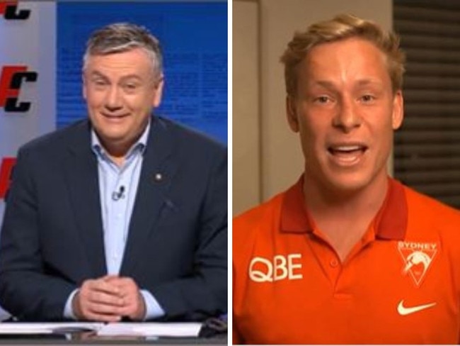 Eddie McGuire and Isaac Heeney square off. Photos: Channel 9