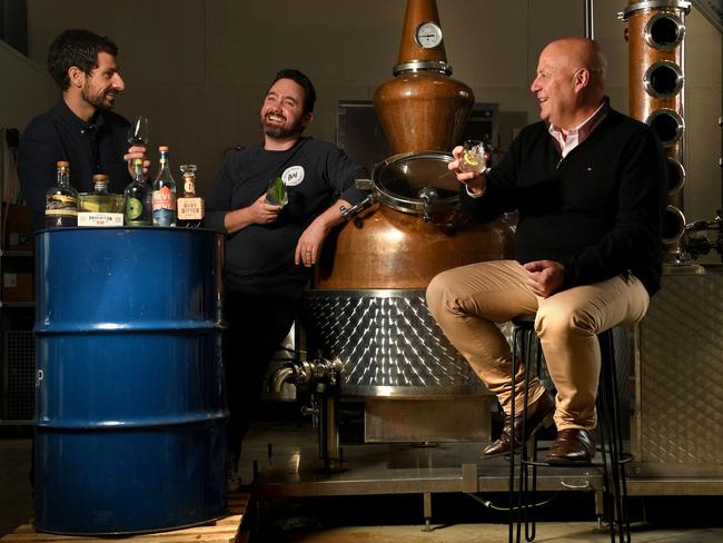 New Gin trail backed by State Government down south. Sean Baxter, Co-founder and brand director of Never Never Distilling co with George Georgidis, President South Australian Spirit Producers Association (SASPA) and Minister David Basham at Chalk Hill, McLaren Vale on the 5th October, 2020. Pictur: Tricia Watkinson