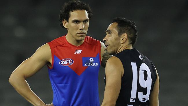 Harley Bennell and Eddie Betts chat after the Demon’s return game. Picture: Michael Klein