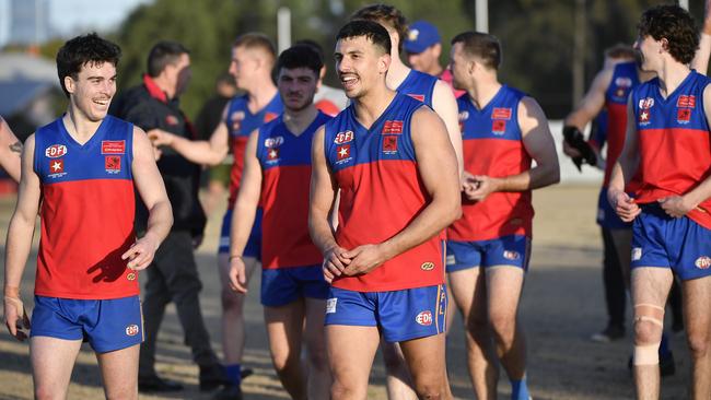 EDFL: Strathmore Community Bank Division One, Round 17. Maribyrnong Park SM vs West Coburg SM at Monk Oval, Mooney Ponds, Victoria, Saturday 10th August 2024. Jubilant Maribrynong celebrate their win over West Coburg n120 to 41. Picture: Andrew Batsch