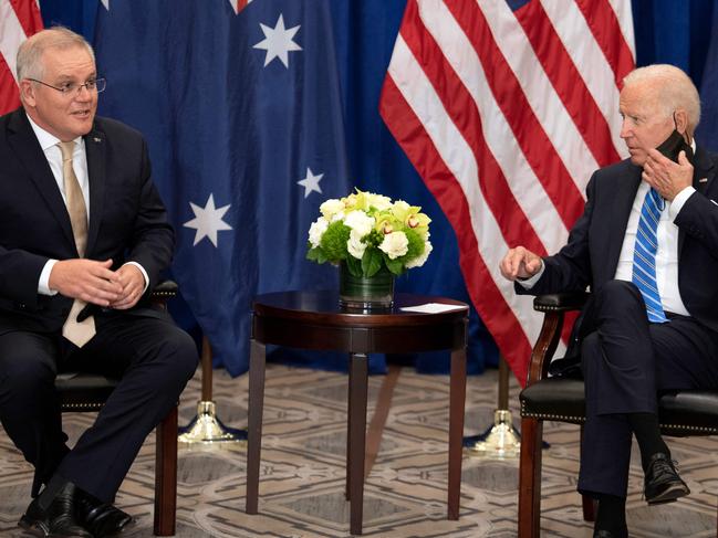 Scott Morrison meets with Joe Biden on the sidelines of the 76th UN General Assembly in New York. Picture: AFP