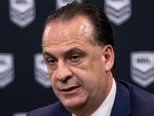 Australian Rugby League Commission Chairman Peter Vlandys speaks to media during a press conference at Rugby League Central in Sydney, Monday, March 23, 2020. (AAP Image/James Gourley) NO ARCHIVING