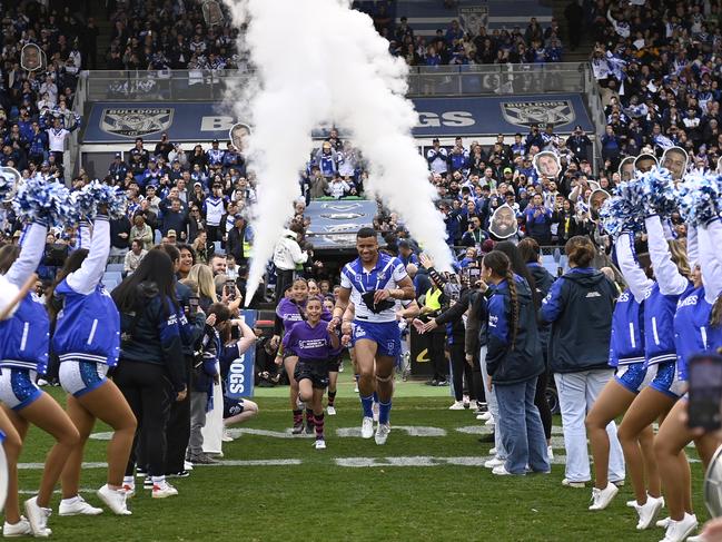 Stephen Crichton leads the Bulldogs out at a packed Belmore. Picture: NRL Imagery