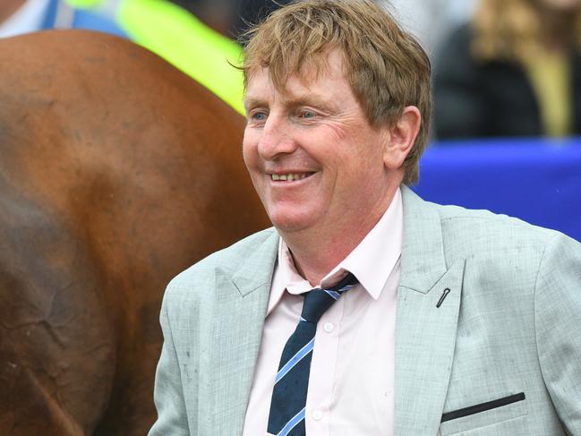 Trainer Mick Bell is seen after Jungle Edge won race 8, the Neds W.j. Adams Stakes, during Caulfield Race Day at Caulfield Racecourse in Melbourne, Saturday, February 1, 2020. (AAP Image/Vince Caligiuri) NO ARCHIVING, EDITORIAL USE ONLY