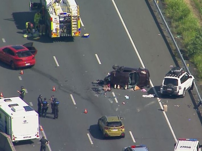A multi-vehicle crash on the Bruce Highway at Palmview. Picture: Nine News