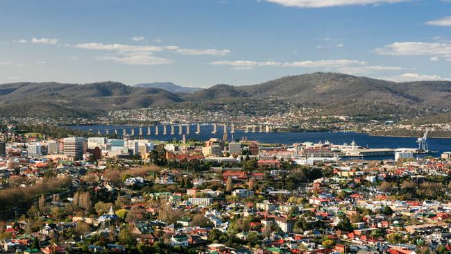 View over Hobart towards the Derwent River in Hobart, Tasmania, Australia