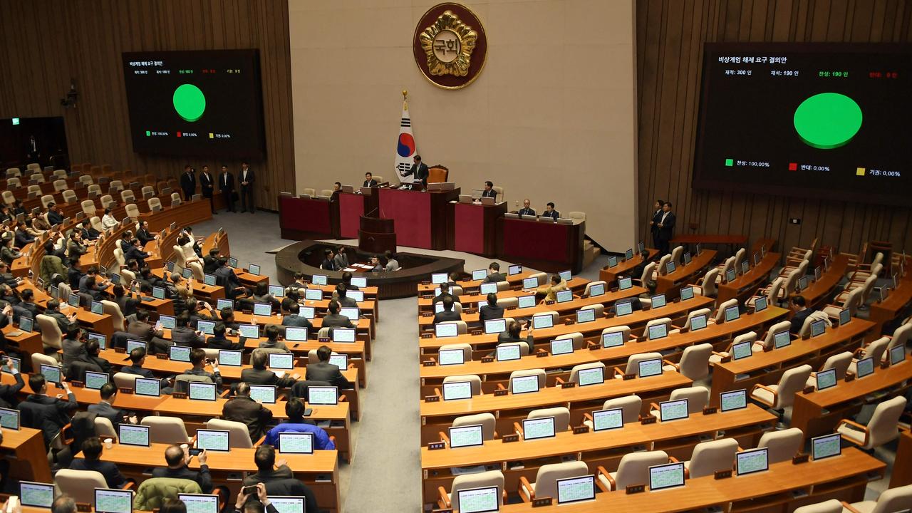 South Korea's National Assembly Speaker Woo Won-shik (C top) passes a resolution demanding the immediate lifting of martial law. Picture: Yonhap/AFP