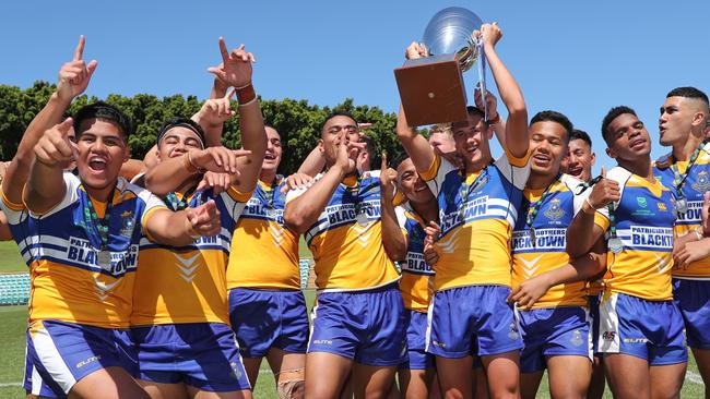 Pictured are Patrician Brothers Blacktown players celebrating their win of the 2020 NRL Schoolboy Cup Grand Final. The final was between Westfields Sports High and Patrician Brothers Blacktown at Leichhardt Oval in Sydney.Picture: Richard Dobson