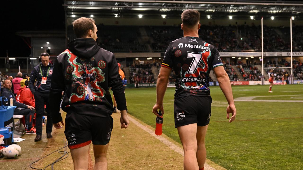Rabbitohs young halfback Lachlan Ilias was hooked in the first half of their no-show against the Dragons. Credit: NRL Images.