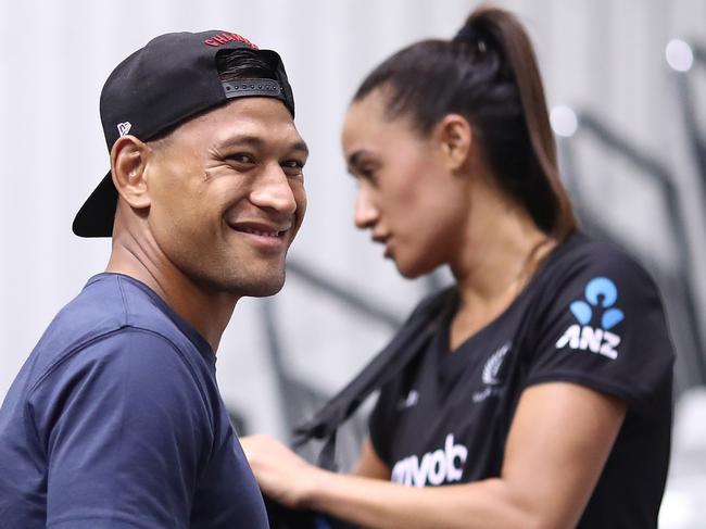 AUCKLAND, NEW ZEALAND - MARCH 21:  Maria and Israel Folau following the Taini Jamison Trophy match between the New Zealand Silver Ferns and the Malawai Queens at North Shore Events Centre on March 21, 2018 in Auckland, New Zealand.  (Photo by Phil Walter/Getty Images)