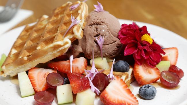 Belgian waffles with fresh fruit and choc sorbet from Daark Espresso. Picture: Tertius Pickard