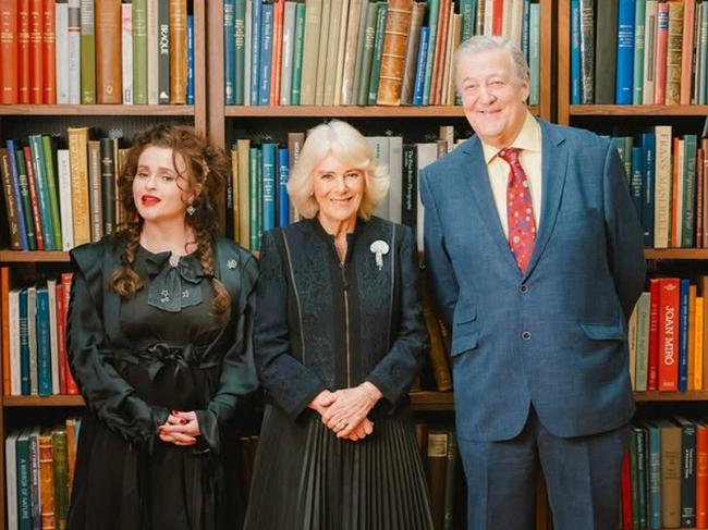 Queen Camilla meets The London Library President Helena Bonham Carter and guest speaker Stephen Fry. Picture: Instagram