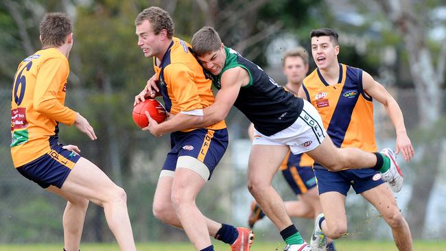 (L-R) Strathmore's Ash Arrowsmith (8) and Greenvale's Brett Stillman (9). EDFL Football: Strathmore V Greenvale at Lebanon Reserve, Strathmore. Picture: Josie Hayden