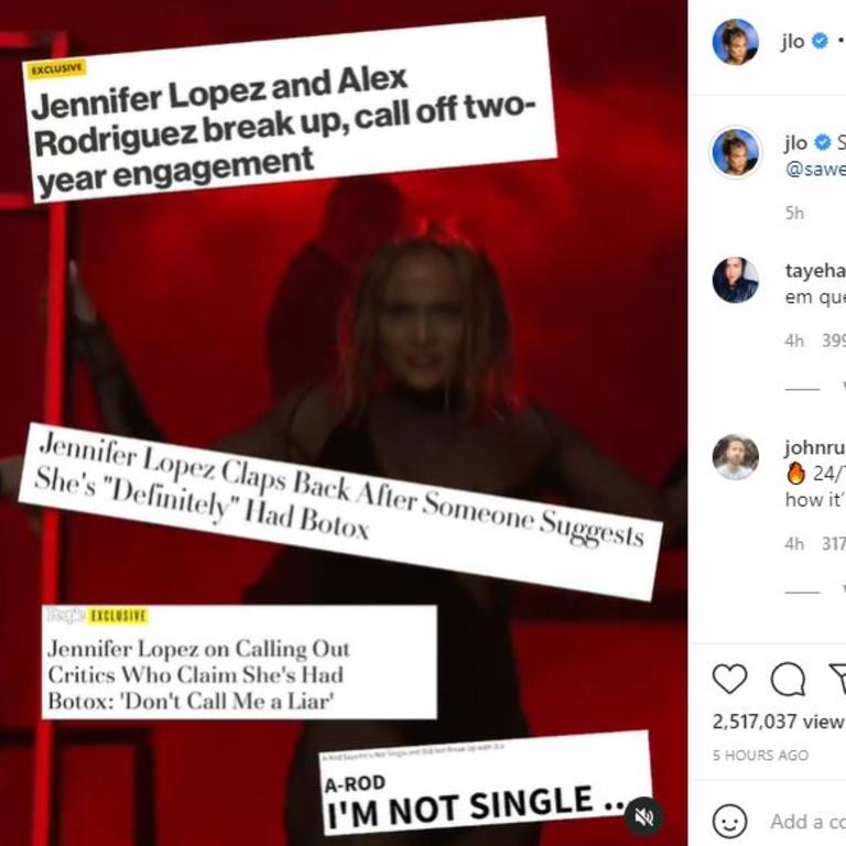 JLo posted snippets of recent headlines about the rumours. Picture: Instagram