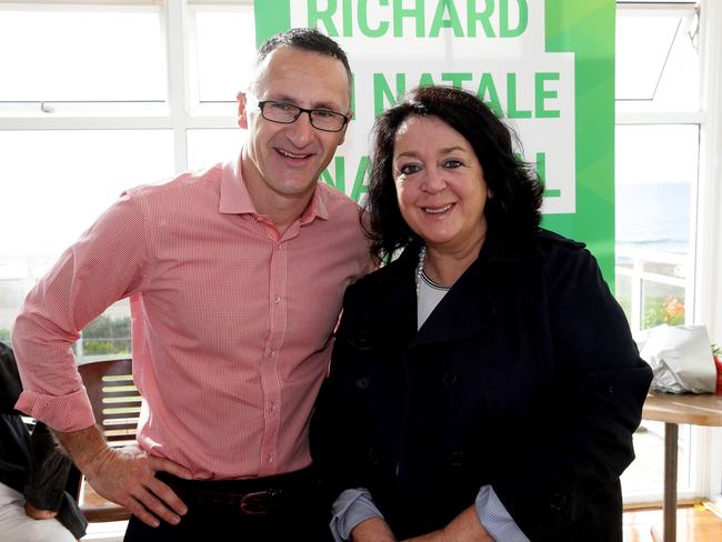 Wendy Harmer with Greens leader Richard Di Natale at a public breakfast at Narrabeen surf club in October ast year. Picture: Annika Enderborg