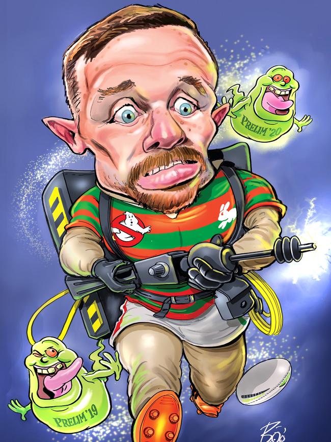 Under pressure: Damien Cook has to face the ghosts of finals past in the Rabbitohs’ preliminary final against Manly. Art by Boo Bailey.