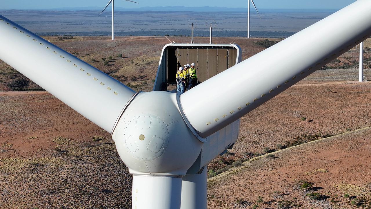 Premier Peter Malinauskas is taken to the top of a wind turbine at Port Augusta’s Nexif Ratch wind farm on February 27. Picture: Supplied