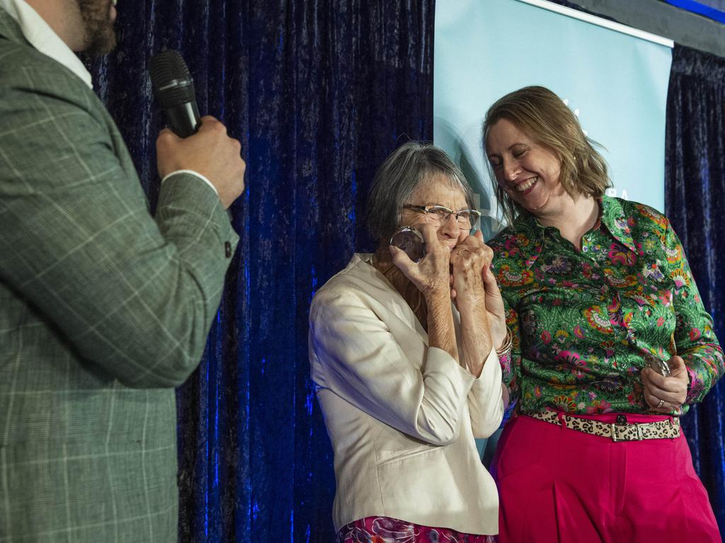 Roslyn Reilly (centre) reacts as she is revealed as the winner of the Hogans Family Jewellers Diamond Draw of the Ladies Diamond Luncheon hosted by Toowoomba Hospital Foundation at The Goods Shed, Friday, October 11, 2024. Picture: Kevin Farmer