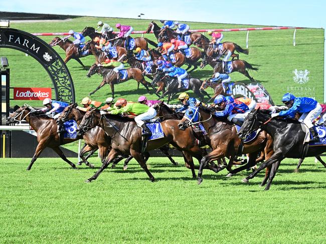 Bubba's Bay wins the Nudgee Stakes for jockey Andrew Mallyon and trainer Kris Lees. Picture: Grant Peters - Trackside Photography