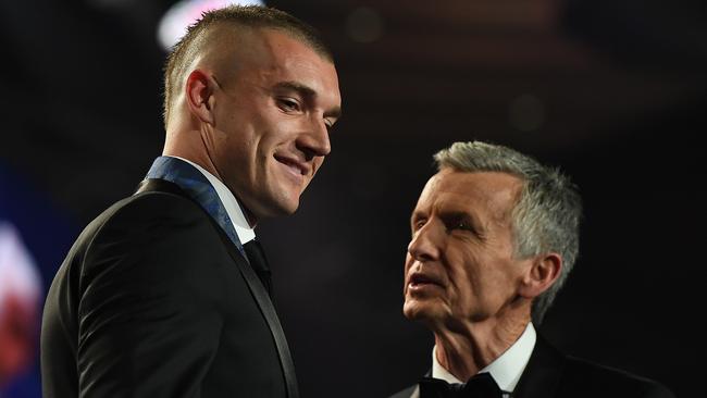 Dustin Martin is interviewed by Bruce McAvaney after winning the 2017 Brownlow Medal. Picture: Julian Smith