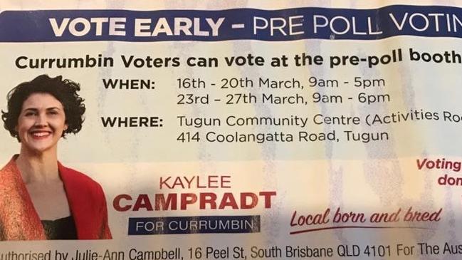 An example of Labor candidate for Currmbin's "Local born and bred" branded campaign material.