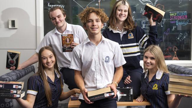 Frankston High students Louis Robson, Elly Howell, Lachlan Hollands, Emi Fennessy and Jasmine Adams celebrate the school’s high number of 40+ study schools in English. Picture: Sarah Matray