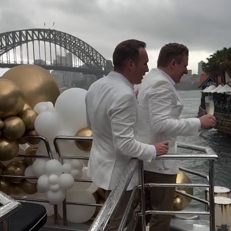 Brendon Mann and Brendan Smith welcoming their party guests on board the yacht. Photo: Instagram/@brendonmann