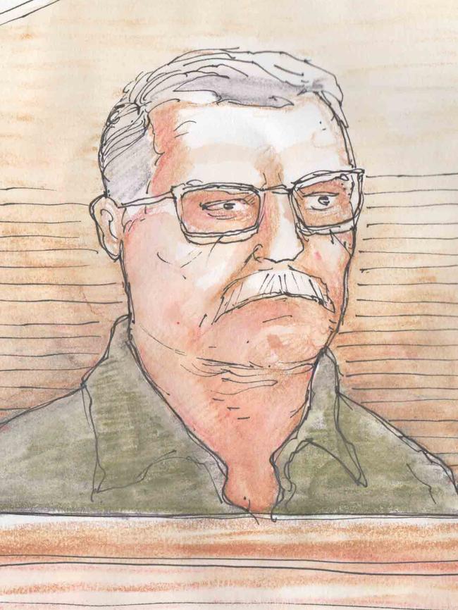 Court sketch of Adrian Mahoney, who is charged with murder over the disappearance of Dale McCauley. Artwork: Timothy Ide.