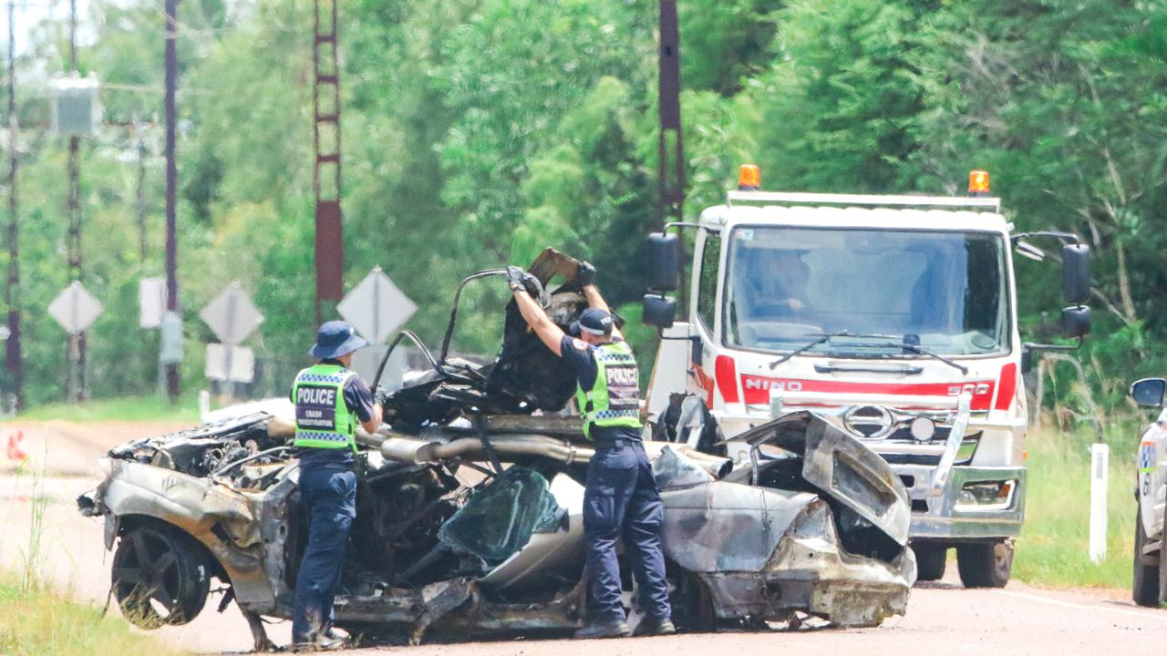 The scene of a fatal car accident on Hillier Rd Howard Springs that claimed the lives of 4 people. Picture: Glenn Campbell