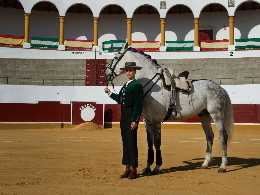 French rejoneadora (mounted bullfighter who uses a lance) Lea Vincens, 33, at the Aracena bullring, in Huelva, southern Spain. Picture: AFP