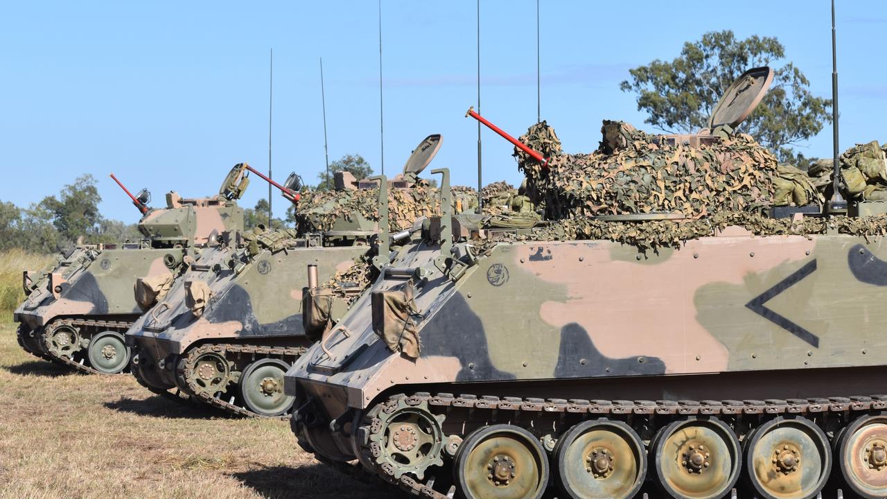 Armoured personnel carriers at the Shoalwater Bay Training Area for Exercise Diamond Walk 2021.