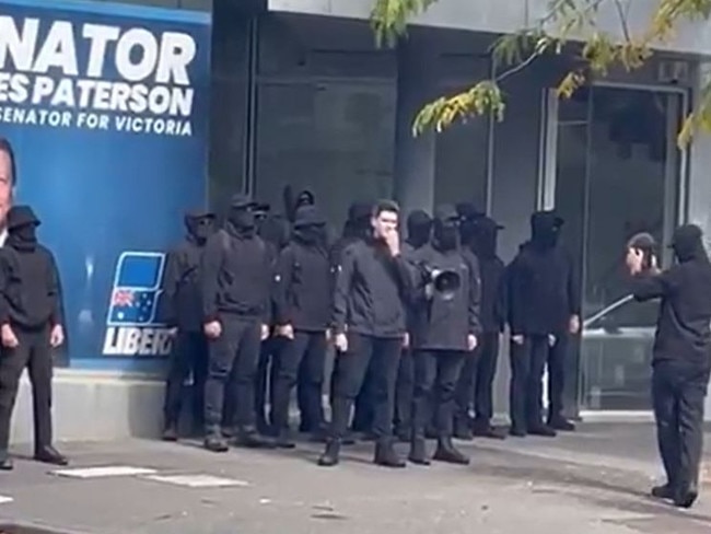 Neo-Nazis outsite Liberal senator James Paterson's office.