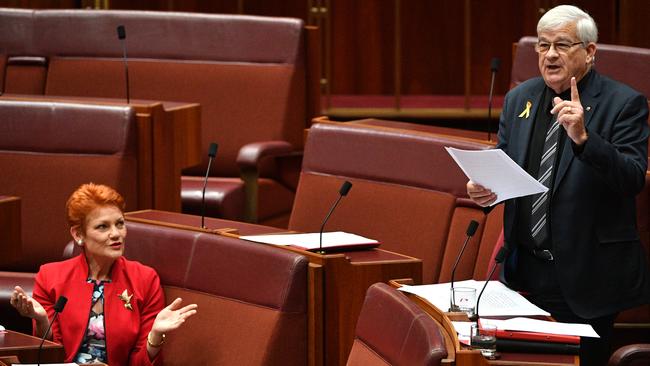 One Nation leader Senator Pauline Hanson interjects as Senator Burston delivers a speech for the United Australia Party in September 2018. Picture: AAP