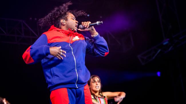 Baker Boy performing at Bluesfest 2022 while backed by a dancer. Picture: supplied