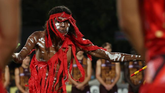 Ceremony and dancing for the opening of Sir Doug Nicholls Round. (Photo by James Wiltshire/AFL Photos via Getty Images)