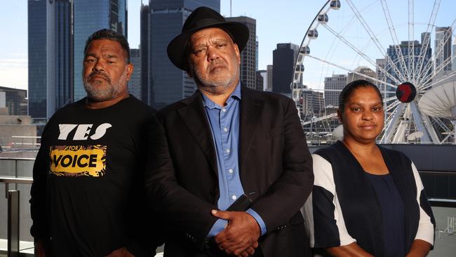 From left: Lockhart River mayor Wayne Butcher, voice co-architect Noel Pearson, and Arukun mayor Keri Tamwoy in Brisbane. Picture: Liam Kidston