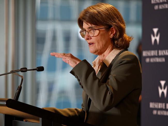 SYDNEY, AUSTRALIA - NewsWire Photos SEPTEMBER 24 , 2024:   Reserve Bank Governor Michele Bullock holding a press conference discussing the Reserve Bank Board's monetary policy decision. Rates will remain the same for now until inflation drops further. Picture: NewsWire / John Appleyard