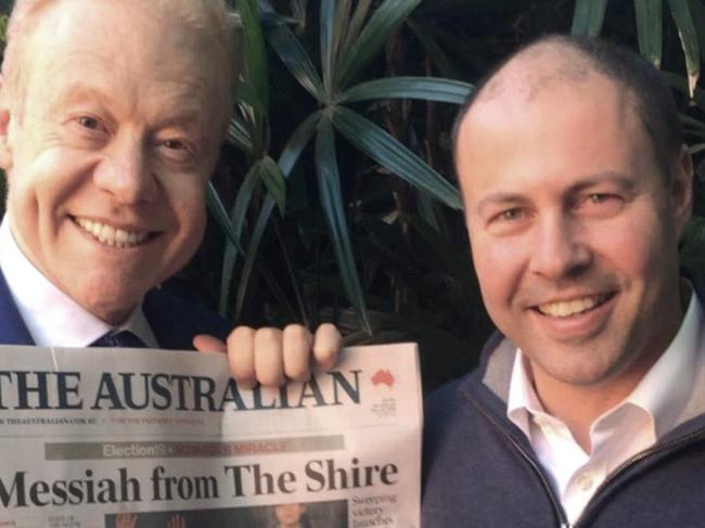 Businessman Anthony Pratt with newly re-elected federal Treasurer Josh Frydenberg and a copy of The Australian on Monday 20 May 2019. Picture: Suppplied.