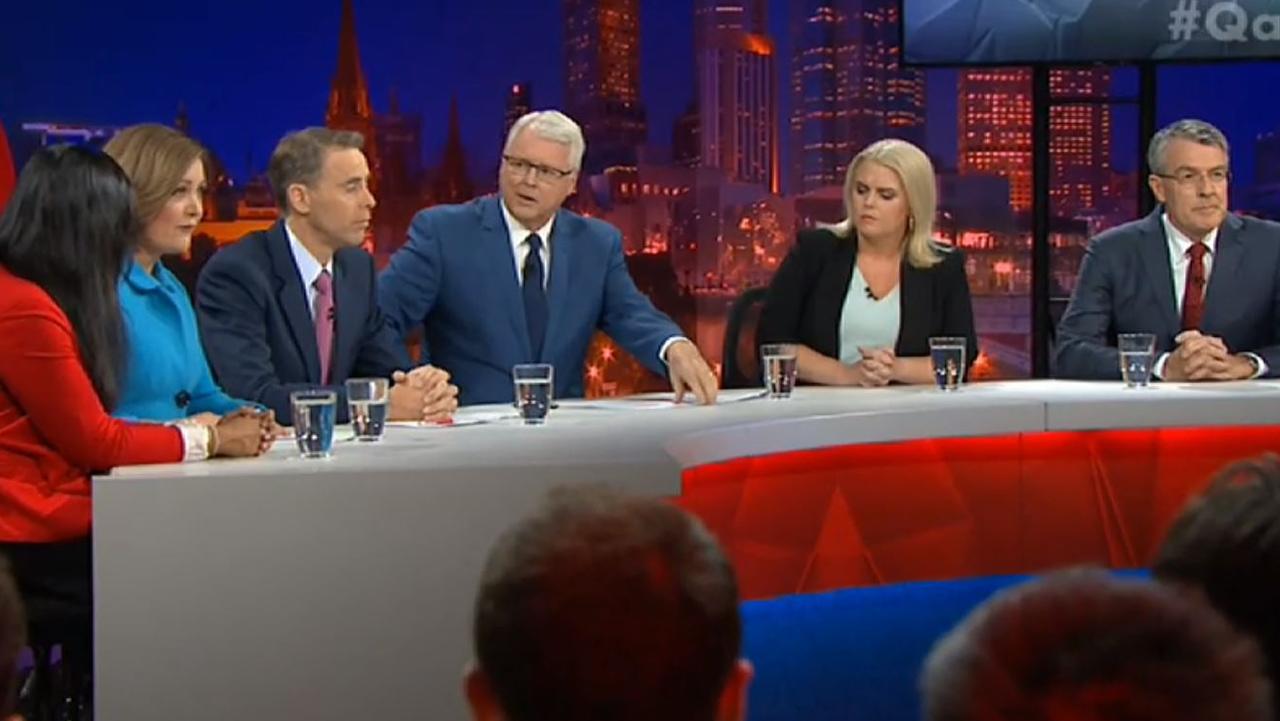 The Q&amp;A panel (L-R) people’s panellist Zoya Patel, Liberal MP Sarah Henderson, shareholder activist Stephen Mayne, businesswomen Megan Purcell, and Shadow Attorney-General Mark Dreyfus. Picture: ABC. 