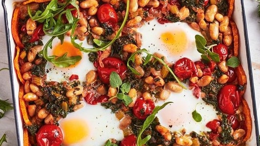 Healthy breakfast ideas: Sweet potato, bean and kale shakshuka.