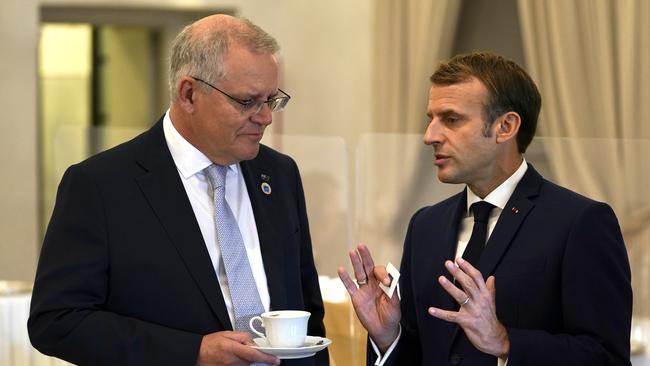 Prime Minister Scott Morrison and French President Emmanuel Macron at the G20 summit. Picture: Adam Taylor