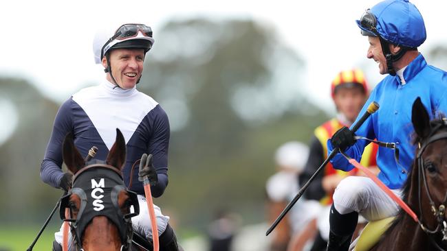 Kerrin McEvoy celebrates winning Race 3 Coolmore Stayer’s Cup on Sweet Thomas.