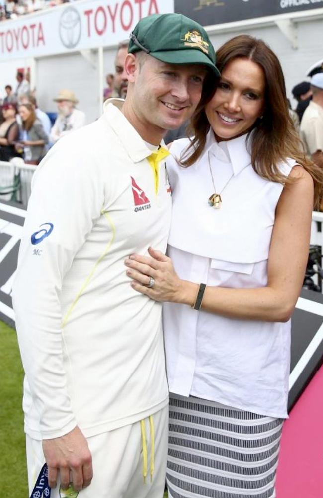 Michael Clarke of Australia and his wife Kyly Clarke embrace after his last test match. Picture: Getty